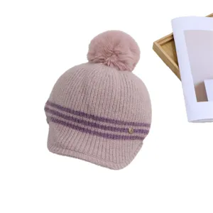 Women winter knitted pom pom hat with cute stripes and cozy warm beanie design for wear.