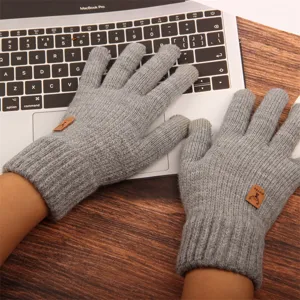 Men's knitted winter warm touchscreen gloves solid color full finger thermal outdoor gloves
