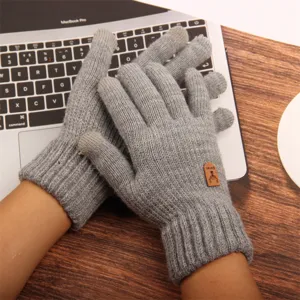Grey knit touchscreen gloves for men, winter warm thermal wool-feel full finger gloves detail.