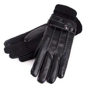 Men winter warm black leather gloves touchscreen windproof fleece lined driving gloves cycling