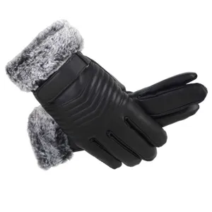 Detailed view of men's winter warm black leather gloves with cozy plush faux fur cuffs.