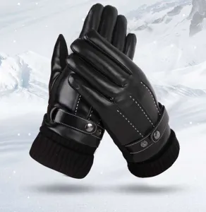 Detailed view of men winter black leather gloves, thick fleece lining for warmth and windproof.