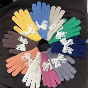 Damen Winter Warm Fingerlose Gestrickte Handschuhe Süßer Stil Mit Spitzen Schleife Und Künstlicher Perle