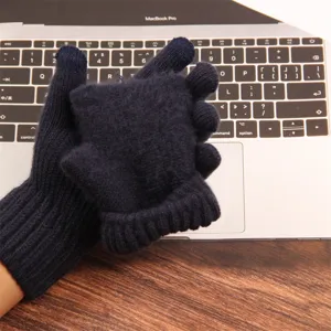 Men's winter warm knitted gloves solid color full finger touch screen work gloves detail