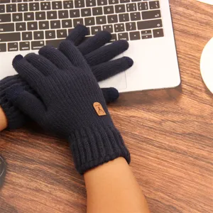 Men winter thick warm knit touchscreen gloves solid color full finger thermal outdoor wear