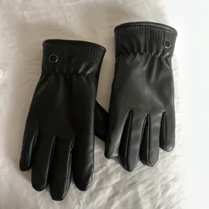 Black leather winter warm gloves fleece lined thick windproof outdoor cycling gloves