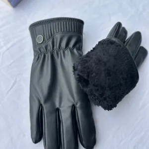 Winter thermal leather gloves with thick plush lining, windproof and waterproof for riding.