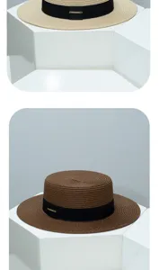 Woven flat top straw hat summer beach sun protection casual jazz hat with black ribbon