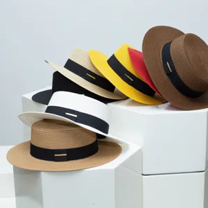 Women Wide Brim Flat Top Paper Straw Hat Summer Beach Sun Protection Casual Hand-Woven Boater Fedora Hat