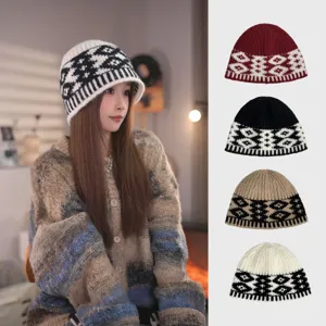 Cappello da Pescatore in Maglia a Blocco di Colore Retro Inverno Caldo Protezione Orecchie Lana Cappello Casual Elegante per Donna