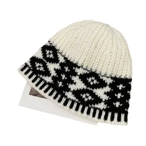 Berretto in maglia con motivo geometrico retro bianco e nero donna autunno inverno caldo