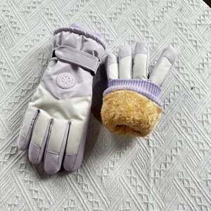 Winter women ski gloves thickened plush warm waterproof windproof outdoor sports riding gear.