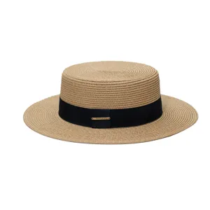 Summer straw boater hat with black ribbon, vintage flat top sun protection beach hat.