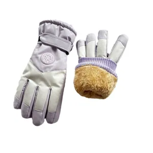 Women winter ski gloves with waterproof fabric and thick plush lining for cold weather sports.