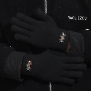 Gants d'hiver tactiles tricotés homme, gants de cyclisme thermiques noirs en laine chaude détails.