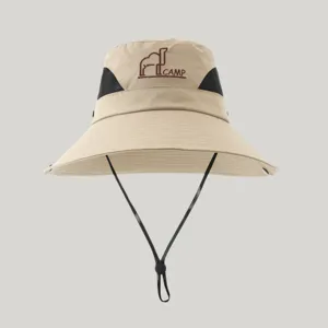 Khaki outdoor sun protection bucket hat with breathable mesh panels and adjustable chin strap.