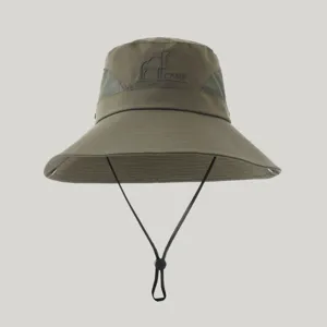 Outdoor breathable sun protection wide-brim bucket hat with adjustable chin strap.