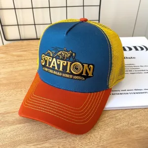 American retro baseball cap with breathable mesh, colorful design and stylish front embroidery.