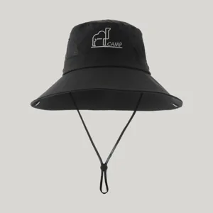 Outdoor black sun hat with wide brim, breathable mesh panels and adjustable chin strap.