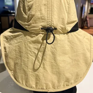 Outdoor sun hat back detail showcasing wide neck flap and adjustable elastic drawstring cord.