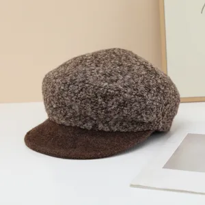 Brown loop yarn spliced woolen soft brim beret, cozy newsboy hat for winter details.