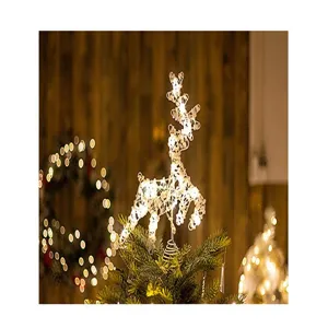 Detailed view of warm white LED lit iron wire reindeer Christmas tree topper decoration