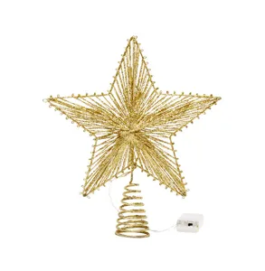 Detailed view of golden iron wire Christmas tree star topper with LED battery pack