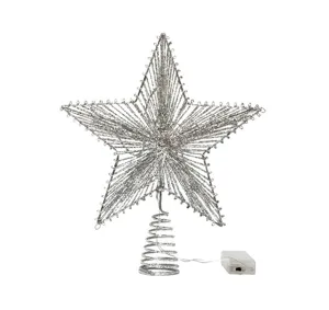 Light-up silver iron wire star Christmas tree topper with battery box for decor