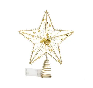 Elegant gold iron wire Christmas tree topper star with LED lights and battery case