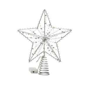 Detailed view of silver iron Christmas tree star topper with LED lights and beads