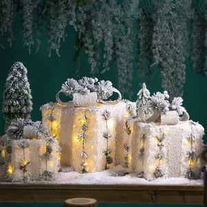 Glowing Christmas Gift Box Set Iron Art Snow Effect Gift Box Decoration With Bow Pine Needles Christmas Tree Ornament