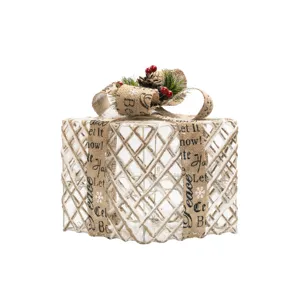 Festive light-up Christmas gift box decoration with iron frame and burlap ribbon