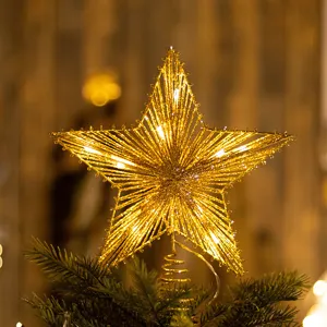 LED Lit Iron Art Christmas Tree Topper Star Reindeer Gold Silver Glitter Tree Top Ornament For Festive Holiday Indoor Decoration Home Xmas Decor