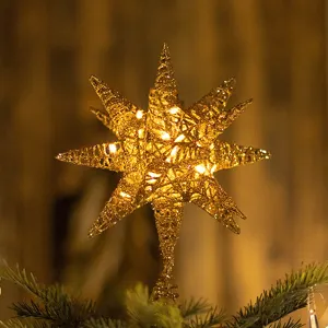 Elegant sparkling gold iron art Christmas tree star topper with warm white LED lights
