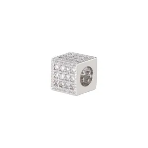 Detailed view of silver plated cube spacer bead with micro-pave cubic zirconia crystals