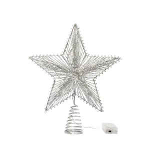 Silver iron wire Christmas tree topper star with warm LED lights and battery pack