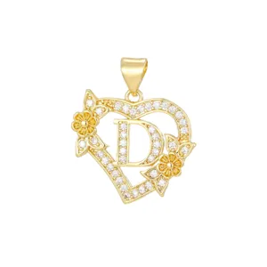 Eleganter 18 Karat vergoldeter Herzanhänger mit vereistem Buchstaben D und floralem Design