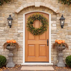 Autumn faux boxwood wreath hanging on a wooden front door for seasonal home decor