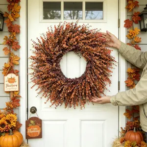 Üppiger herbstlicher Buchsbaumkranz an einer weißen Haustür für Thanksgiving-Deko