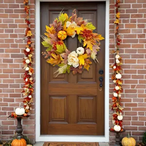 Beautiful autumn harvest wreath with maple leaves and mini pumpkins on a classic front door
