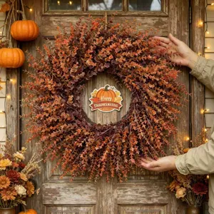 Detaillierte Ansicht des herbstlichen Buchsbaumkranzes an einer rustikalen Holztür.