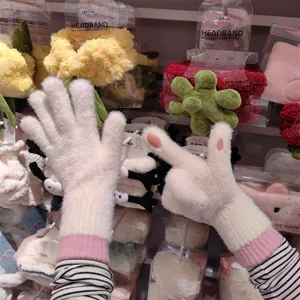 Furry plush split-finger touchscreen winter gloves, soft warm knit fabric for outdoor cycling.