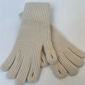 Beige ribbed knit gloves with finger holes, warm winter gloves for women fashion style.