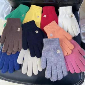 Colorful winter knit gloves with cute bear embroidery, warm touch screen mittens.