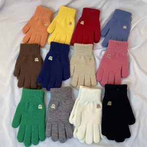Detailed view of colorful knitted gloves with cute bear embroidery for winter warmth and touch screen.