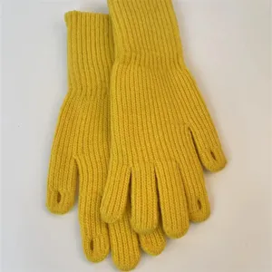 Yellow ribbed knit winter gloves with finger openings, cozy cold weather gear detail.