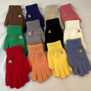 Cute bear embroidered knit gloves winter warm touchscreen colorful multi color details