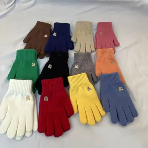 Cute bear embroidery knit gloves winter warm solid color soft touch screen mittens for women