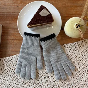 Women winter warm knit gloves casual grey fleece lined thick touchscreen mittens outdoor wear