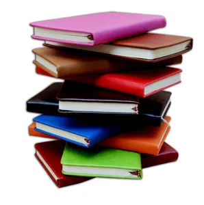 Detalle de cuadernos de piel sintética coloridos, planificadores de diario apilados oficina.